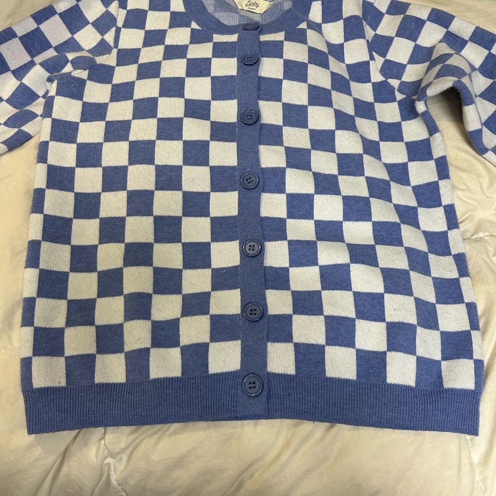 Blue and White Checkered Women's Sweater